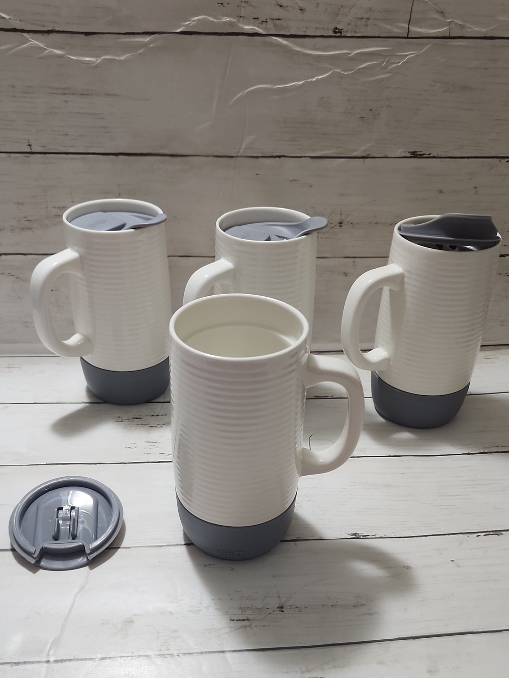 Insulated White and Gray Travel Mug with Handle - Set of 4